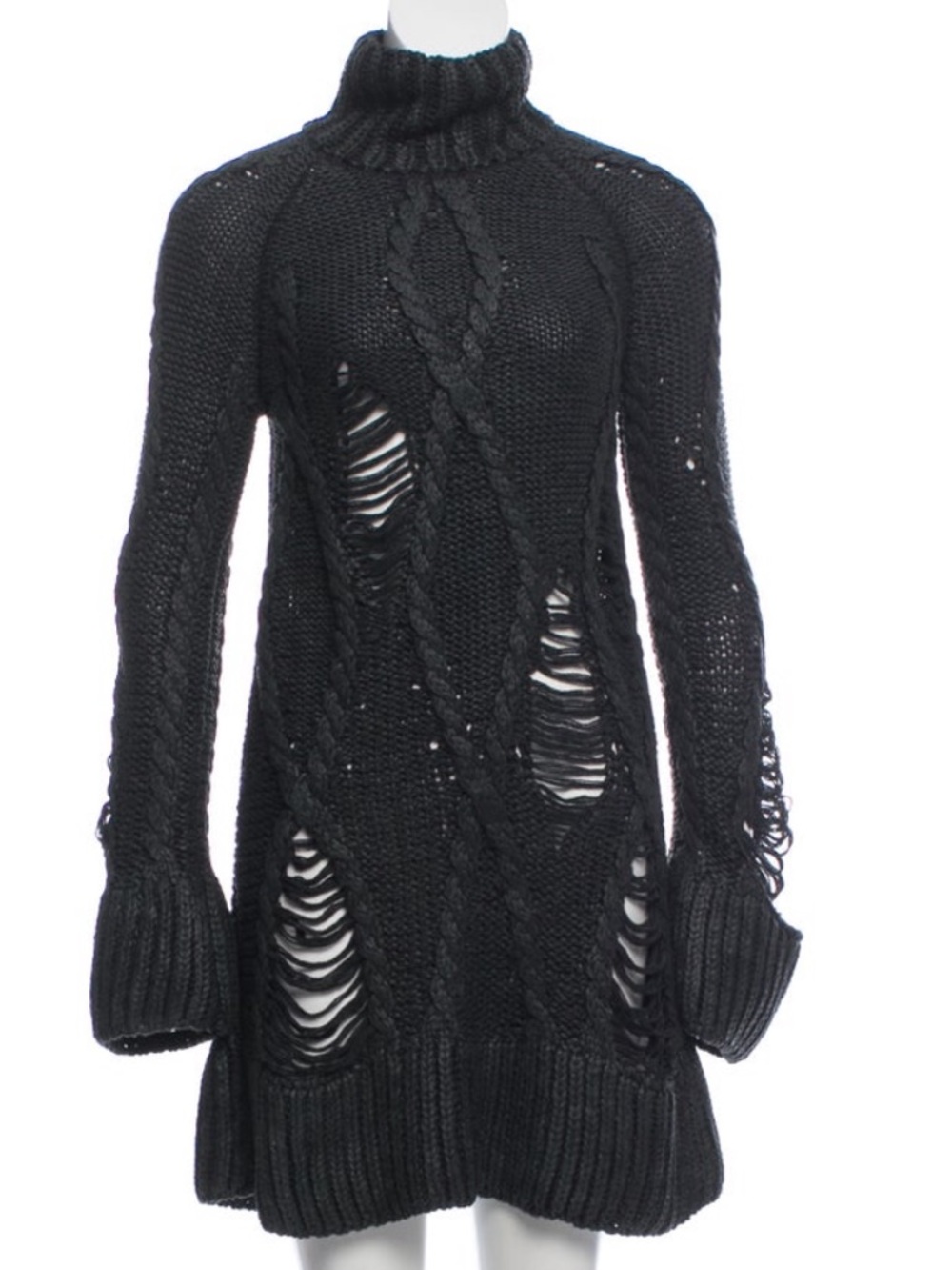 ALEXANDER McQUEEN 09 Dark Gray Cable-Knit Turtleneck Sweater Dress Distressed SM